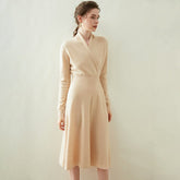 V-neck Midi A-line Cashmere Wrap-up Crossover Waist-length Dress
